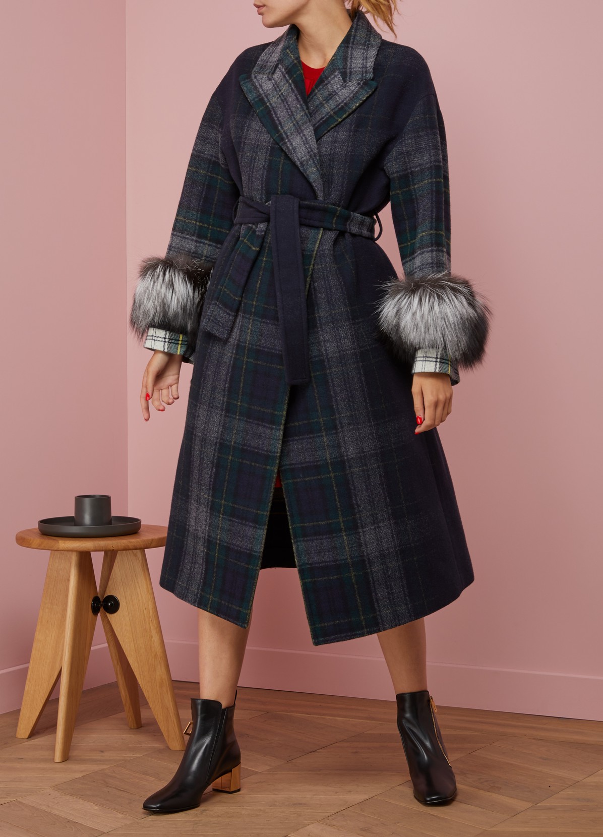 Price comparison for PRADA Fur-Trimmed Checked Wool Coat